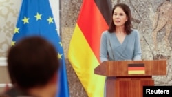 German Foreign Minister Annalena Baerbock speaks to journalists during a press conference in Podgorica on March 4.