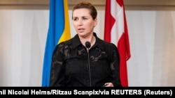 Danish Prime Minister Mette Frederiksen speaks during the launch of the Ukraine Fund at Marienborg in Lyngby, Denmark, in March.