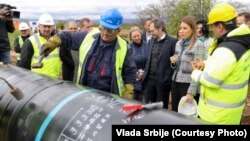 Serbian Energy Minister Dubravka Djedovic Handanovic (second from right) and EU Ambassador to Serbia Emanuele Giofre (third from right) visit the site of a planned Serbia-Bulgaria gas interconnector earlier this year.