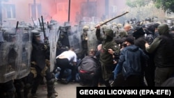 Soldiers of NATO-led peacekeeping forces scuffle with ethnic Serbs in Zvecan, Kosovo, on May 29, 2023.
