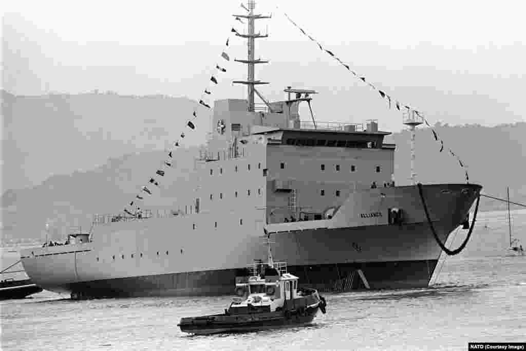 NATO’s research vessel, the Alliance, during its launch in 1986. The ship is operated by the Italian Navy. As the “cement of fear” crumbled in the 1990s, NATO rebranded itself for an era in which “a single massive and global threat has given way to diverse and multi-directional risks.”