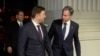 U.S. Secretary of State Antony Blinken (right) meets in Skopje with his Macedonian counterpart, Bujar Osmani, on November 29.