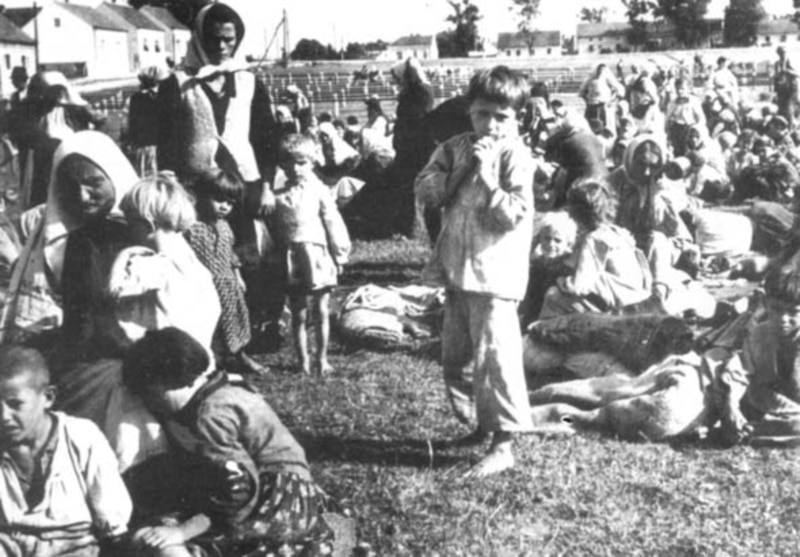 Djeca sa Kozare na stočnoj pijaci okružena žičanom ogradom, Grubišno Polje, ljeto 1942.
