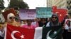 Pakistani students of the private PakTurk International Schools and Colleges protest in Karachi in November 2016.