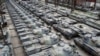 Dozens of the Leopard tanks are seen in a hangar in Tournais, Belgium, in January.