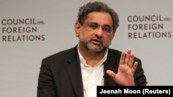 Pakistani Prime Minister Shahid Khaqan Abbasi at a panel discussion with the Council on Foreign Relations in New York on September 20.