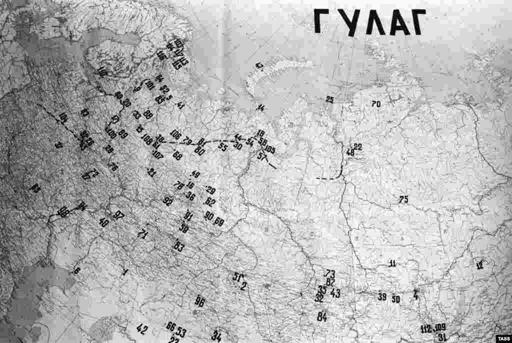 Карта СССР, на которой обозначены лагеря ГУЛАГ.