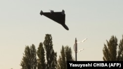 An Iranian-made drone approaches for an attack in Kyiv on October 17.