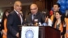 Armenia - Heritage party leader Raffi Hovannisian (L) and Free Democrats Party leader Khachatur Kokobelian announce the start of their joint election campaign, 9Apr2012.